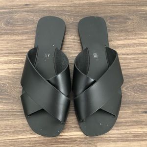 Black Leather Slide Sandals